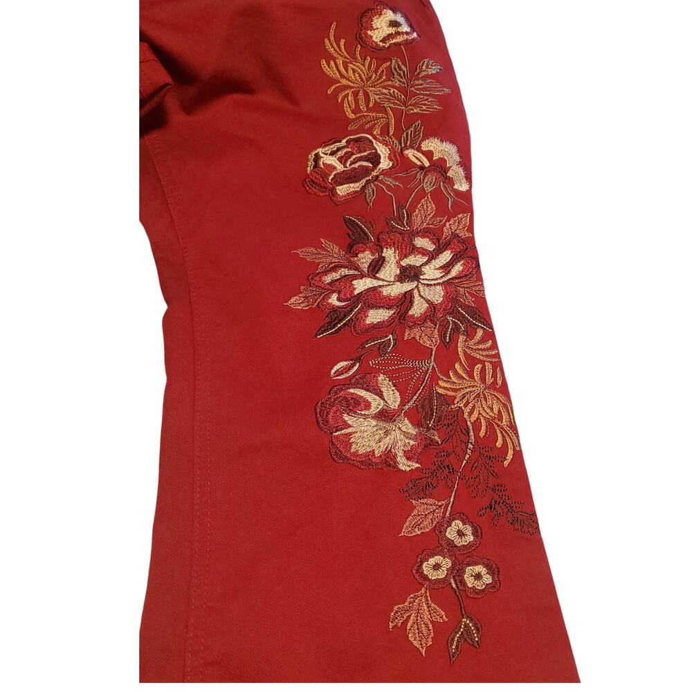 DG2 Diane Gilman Red Embroidered Floral PXL (37x27) Boho Boot Pull On Jeans - Picture 4 of 11